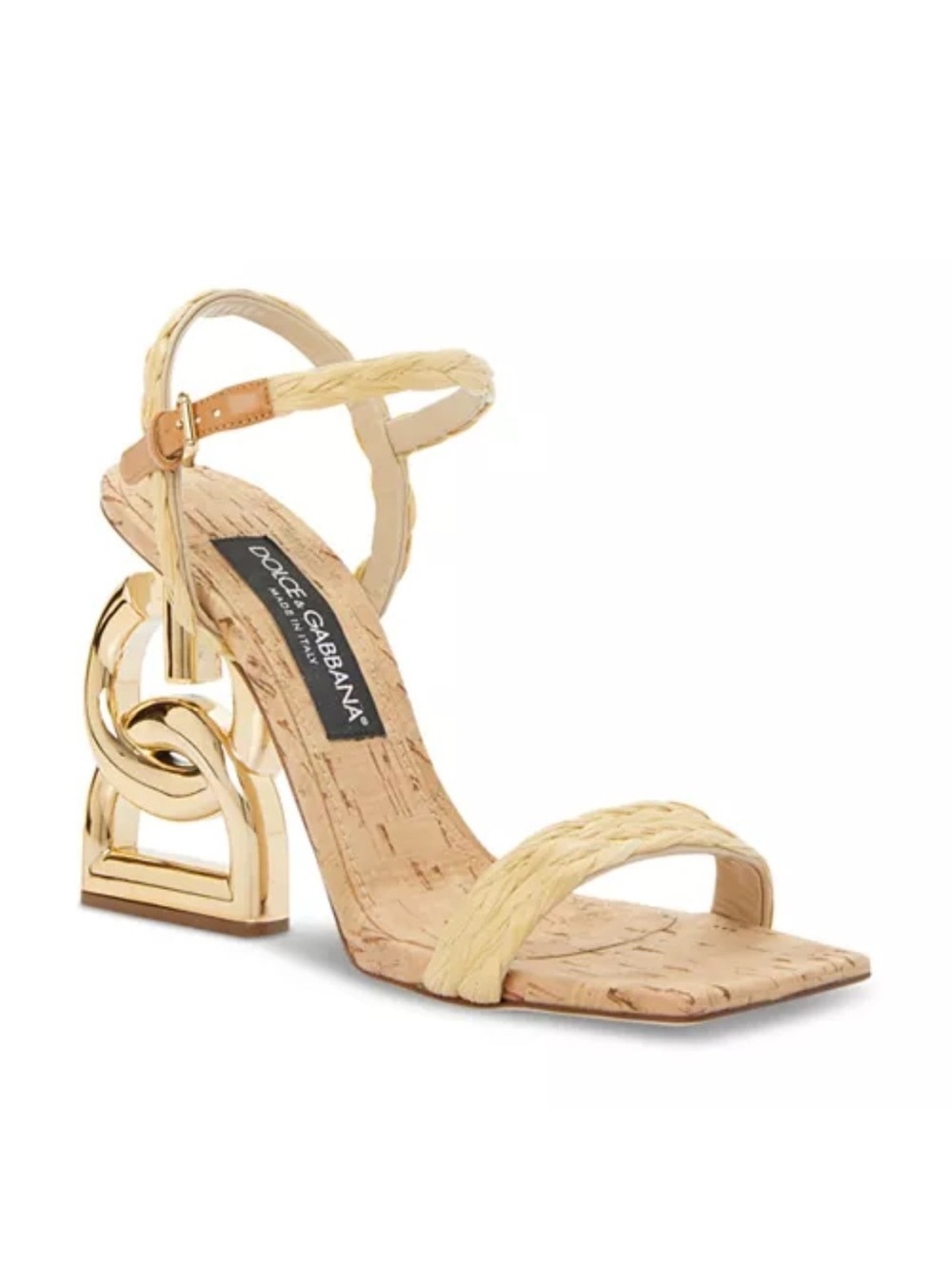 Dolce & Gabbana Logo Heel Ankle Strap Sandals in Gold Tan, New in Box